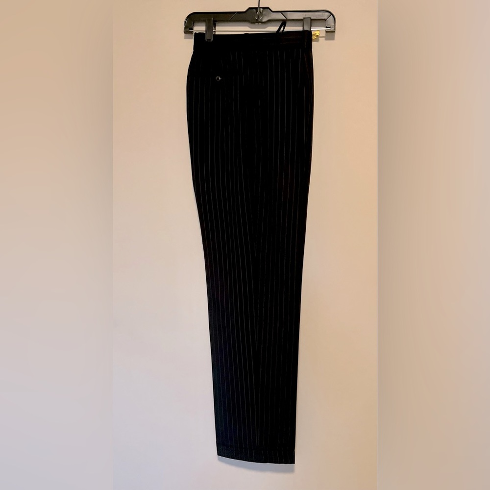 Calvin Klein pinstripe black pant with faint grey and blue pinstripes, Size 2